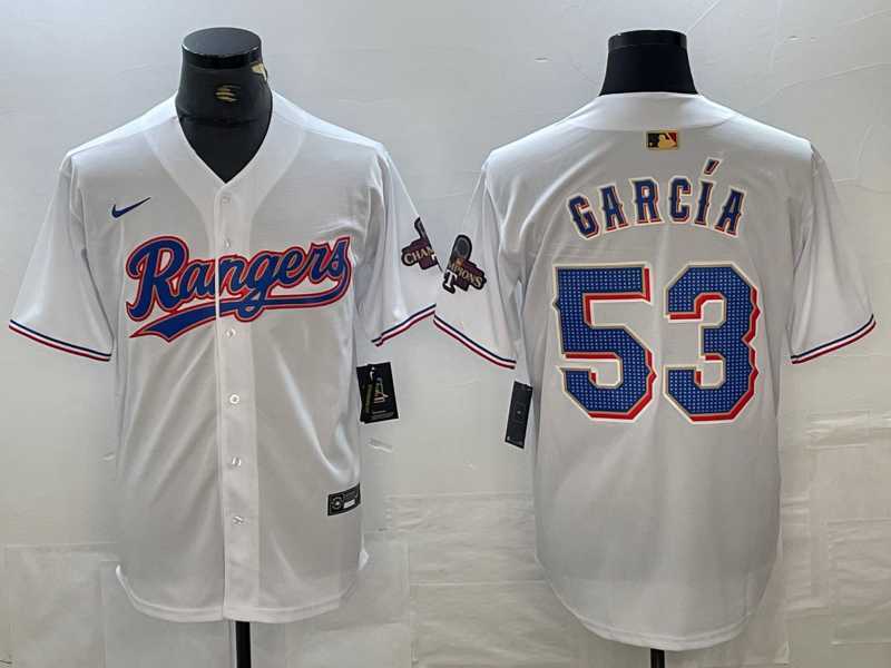 Men's Texas Rangers #53 Adolis Garcia White 2023 World Series Champions Cool Base Jersey,We sell and wholesale Men's Texas Rangers #53 Adolis Garcia White 2023 World Series Champions Cool Base Jersey on line form chian!